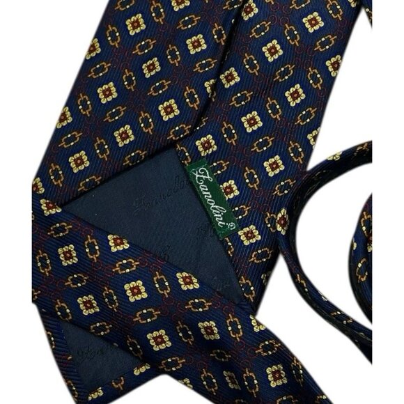 ZANOLINI Men's 100% Silk Necktie LUXURY Tie Navy Beige Geometric W:3.7" EUC - Picture 2 of 4